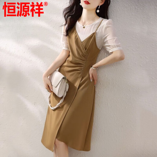 恒源祥2025夏季新款假两件连衣裙时尚韩版显瘦百搭气质圆领撞色拼接 黑色 M