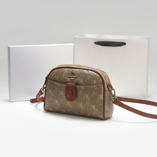 建功国际一线品牌轻奢进口2025新款单肩斜挎包休闲感老花贝壳包包女式 棕色香港品牌