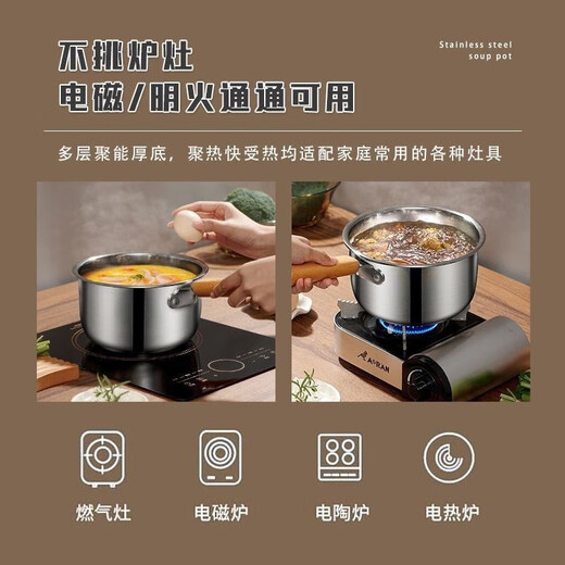 Stainless steel thickened milk pot with wooden handle, uncoated and raised, with lid, steaming, porridge and soup, gas induction cooker, wooden handle milk pot, with lid + steamer 20cm