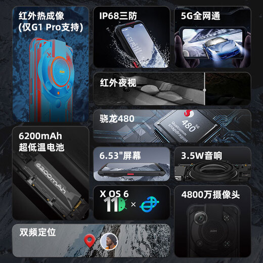 AGM G1/Pro rugged mobile phone, infrared thermal imaging, outdoor emergency, Beidou positioning, IP68 waterproof, dustproof and drop-proof, full network 5G, 6200mAh, 48 million pixels, black (G1 Pro with thermal imaging) 8GB+256GB standard