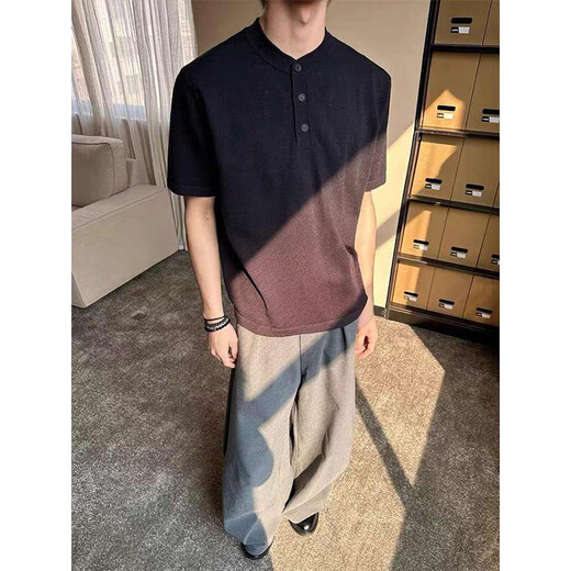 Fumile American retro knitted short-sleeved T-shirt for men in summer thin old money style Henry collar polo shirt pussy top half sleeve light gray XL
