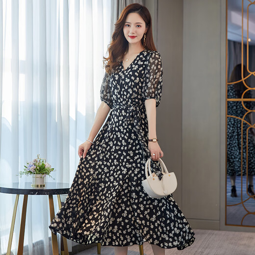 Ehangy国际轻奢女装连衣裙夏季2025新款显瘦时尚洋气遮肚子印花宽松裙子 黑色【高端礼盒】 L 105-120斤