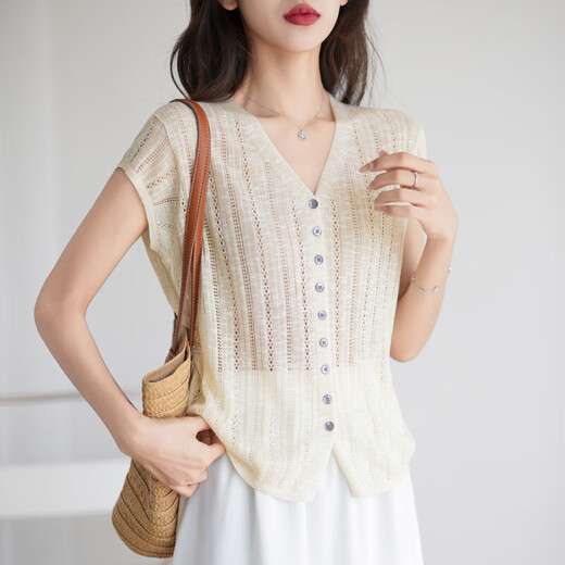 Touch Miss Strick-Strickjacke für Frauen 2025 Sommer neuer eleganter Stil hohl Himmel und ärmelloses gestricktes Top für Frauen Chick Yellow S (105jin [Jin gleich 0,5 kg] oder weniger) oder weniger)