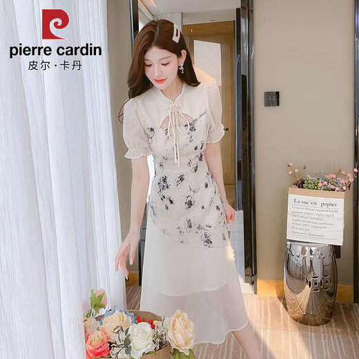 皮尔卡丹（PIERRE CARDIN）复古国风新中式改良旗袍连衣裙2025夏季新款时尚印花假两件套裙子 6169-杏色 S