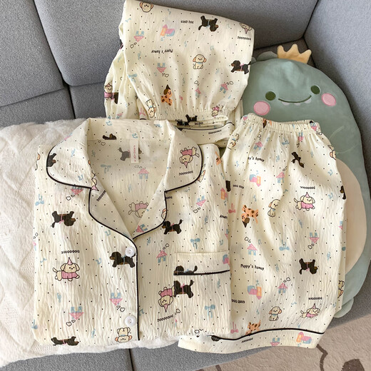 Ji Yafu Crayon Xiaoxin Sommer dreiteiliger Pyjama-Frauen-Kurzarm-Langhose dünne Ins Stil Sommer Baumwollgarn Home Kleidung Yunduo Cotton-J9901# Paradise Welpe Drei-Keugel-Set M [vorgeschlagen 75-100jin [Jin gleich 0,5 kg]]]