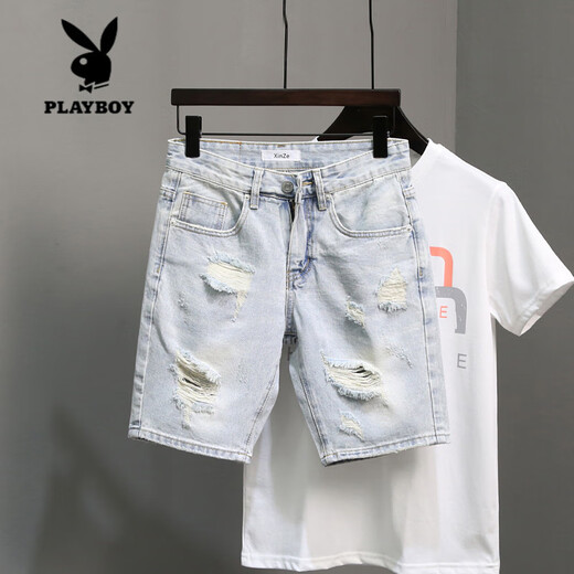 
Playboy (PLAYBOY) trendy internet celebrity guy ripped denim shorts men ins casual beggar mid-trousers summer new four-five 5-point pants (T693) blue 28 (recommended 90-100 Jin [Jin equals 0.5 kg])