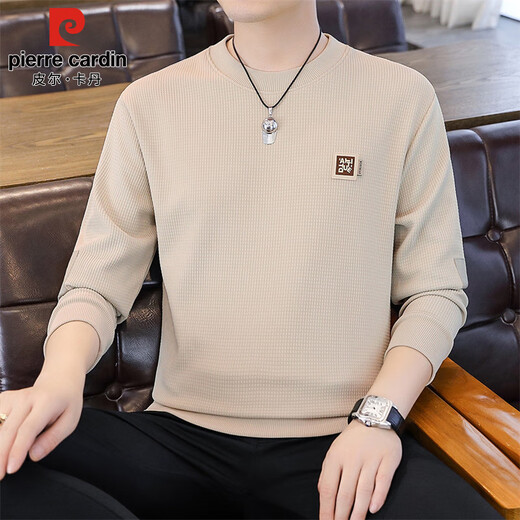 Pierre Cardin sweatshirt men's spring, autumn and winter round neck pullover trendy brand versatile long-sleeved T-shirt trendy tops apricot XL