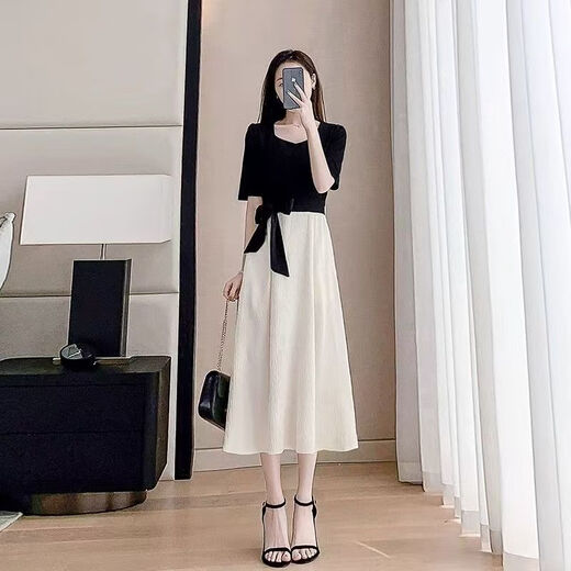 Aemape High-End-Schwarz-Spleißkleid für Frauen 2025 Sommer Neue Mode-Taille und schlanker gefälschter zweiteiliger A-Line-Rock Schwarz S [Empfohlen 90-100 Jin [Jin gleich 0,5 kg]]