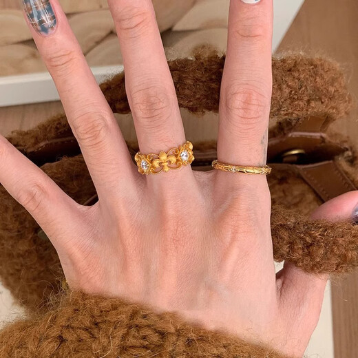 QMXD Second-hand iris lace ring for women, light luxury niche, high-end index finger ring, imitation sand gold, long-lasting gift, iris lace ring single/open ring