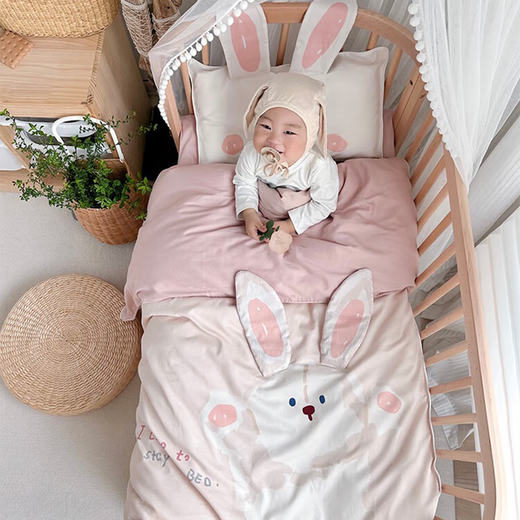 MOEDOOBIE Kindergarten Six-piece Quilt and Mattress Set Baby Three-piece Set Seven-piece Set for Baby to Enter Kindergarten for Nap Cream Rabbit-Pink Double-sided Pure Cotton Suitable for All Seasons Three-piece Kindergarten Washing Set Does Not Include Cores