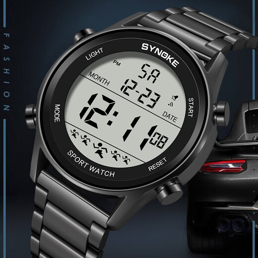 Shinuoke Stahlgürtel Sport Elektronische Uhr wasserdichte Multifunktion mit großer Leuchtschriften Mode -Modedesign zweiter Wecker 9858 Schwarz