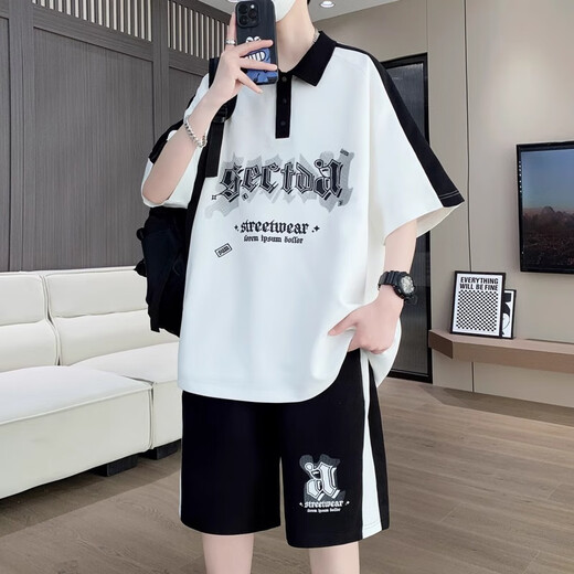 歌古森夏季薄短袖t恤男孩12-16岁青少年初中学生帅气大童潮流休闲套装潮 6629黑色（短袖+短裤） XL 130-145斤左右
