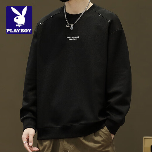 花花公子;PLAYBOY春秋季重磅圆领卫衣男2025新款潮牌宽松长袖时尚简约百搭帅气上衣 6627黑色 M 90-110斤可穿