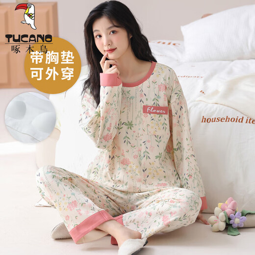 TUCANO;啄木鸟带胸垫一体国风长袖睡衣套装女棉春秋季夏冬款家居服可外穿大码 HRY1047 M (建议75-95斤)