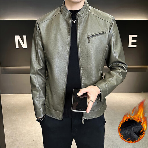 男士高档立领皮衣秋冬季新款时尚痞帅夹克加绒加厚休闲百搭皮夹克 军绿色 【加厚】 L
