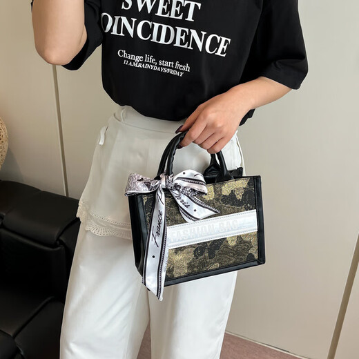 通勤大容量包包女2025新款刺绣洋气百搭单肩包夏天流行手提托特包 黑配金