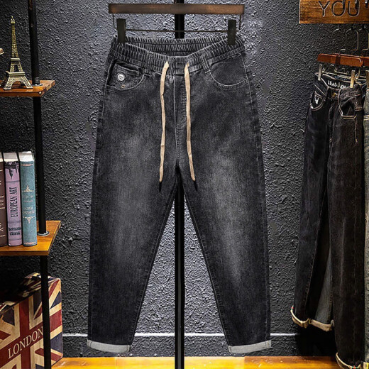 
Bao Qiaoxu summer jeans men's elastic waist high elastic loose fit casual pants men's Korean style trendy trousers 3883 black regular 29 106-115Jin [Jin equals 0.5 kg]