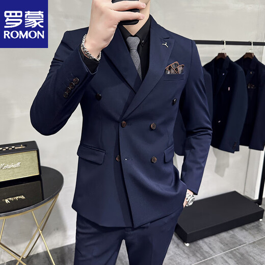 ROMON wide collar peak lapel suit business formal three-piece suit double slit wedding groom suit men's slim dark gray suit + vest + trousers two buttons L