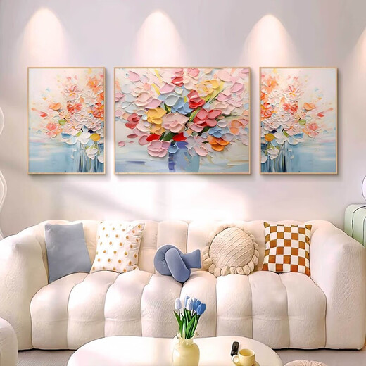 Peach Beauty Creme Blume Wohnzimmer Dekoration Gemälde Textur Triptychofa Hintergrund Wand Zusammenfassung Hängende Malerei Moderne einfache Wandmauer 3890 Nektar-B [Standard goldbürstete Aluminiumlegierung Rahmen] Mitte 80*60 Seite 40*60 [Textilkristallporzellanbilder]
