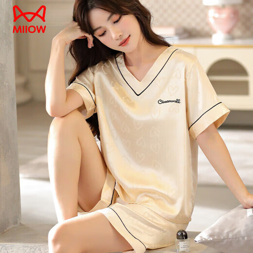 MiiOW-Pyjama für Frauen 2025 neuer Eisseiden-Sommer-Kurzarmanzug für Frauen Sommer sexy Simulation Seide dünn super heiß 1349-sandgrüne kurzärmelige kurze Hose M