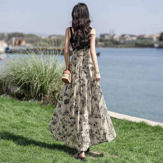 
Silk Cypress House Ink Floral Skirt 2025 Summer New Women's Spliced Fake Two-piece Sling Long Sling Dress