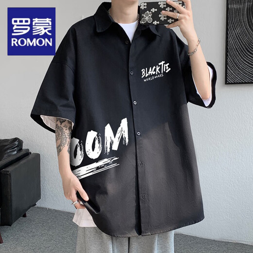 Romon weiße Kurzärärmungshemd Herren Sommer Japaner loser Tops Jungen Trendy Branddruck hübscher Hemdjacke Männer Mdsp834 Black M ungefähr 90 ~ 115 Jin [Jin gleich 0,5 kg] kann getragen werden