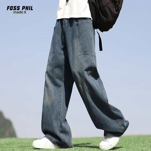 Foss Phil牛仔裤春夏季男士美式复古宽松弯刀直筒薄款阔腿裤G1105复古蓝XL