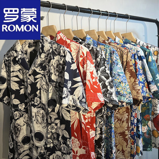 Lomongo vintge Cuban collar floral shirt men and women loose Hong Kong flavor Hawaiian couple beach short-sleeved shirt x695 2XL