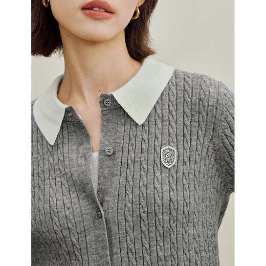 
Inman College style contrasting lapel cork knit cardigan 2025 autumn women's new long-sleeved sweater gray M