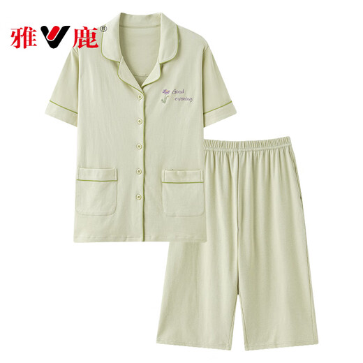 雅鹿夏季睡衣女纯棉短袖七分裤可外穿休闲开衫大码家居服两件套装 NX9898 4XL