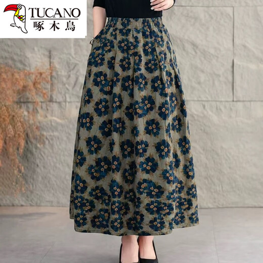 Jupe florale en coton et en lin pour les femmes en été au printemps, en été et à l'automne 2025 Nouvelle jupe bigouffée plissée en milieu de longueur, fleur bleu marine, une taille recommandée 85-158 Jin [Jin est égal à 0,5 kg]