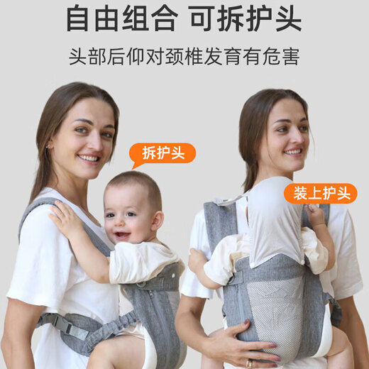 COOKSS婴儿背带抱娃神器婴儿双肩前抱式宝宝大童0-3岁简易纯棉防晒透气 卡斯灰可拆式护头