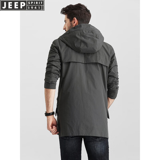 JEEP风衣男士中长款连帽春秋季工装韩版潮流休闲春秋外套 灰色 XL
