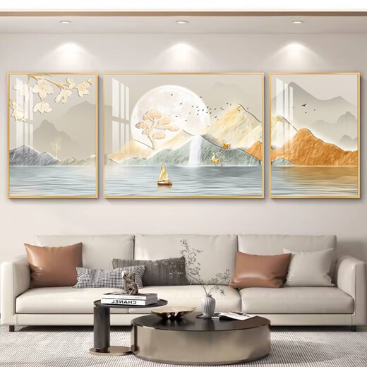 Sala de estar tríptica luz moderna de lujo sofá fondo pared pintura colgante atmosférico y buen significado pintura decorativa de sala de estar slh-9230 (seda de oro diez mil millas) 40*60 en ambos lados 80*60 en el medio 2.5 metros