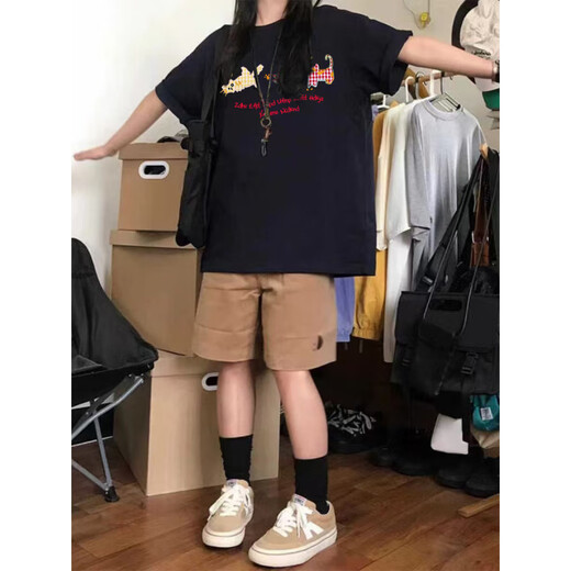 Nasawassup offizielles Co-Branding-T-Shirt aus reiner Baumwolle mit rechter Schulter in Marineblau, kurzärmeliges T-Shirt für Herren, Sommer 2025, neues Design, Sinn für Nische, lose, Marineblau DY2629-DYG M empfohlen 80Jin Jin entspricht 0,5 kg -110Jin Jin entspricht 0,5 kg