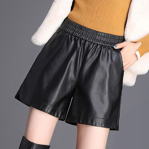 PU leather pants for women 2019 new short a-line autumn and winter pants thin high-waisted loose wide-leg leather shorts for outer wear black M (suitable for 95-110 Jin Jin equals 0.5 kg)