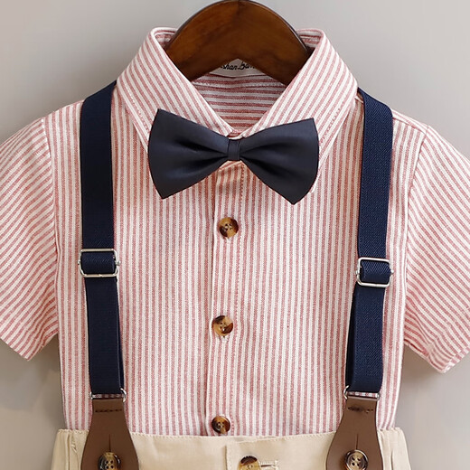 萝卜呗呗（LUOBOBEIBEI）儿童礼服男童春夏季英伦条纹背带裤衬衫套装 粉色衬衫四件套 110