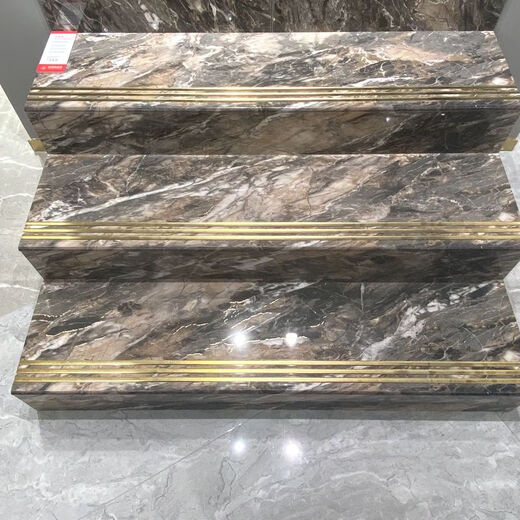 BEYZK弧边淋釉楼梯踏步瓷砖470x1200防滑大理石地板砖一体原槽镀金梯级 12808-单片不含加工跟运费 470*1200