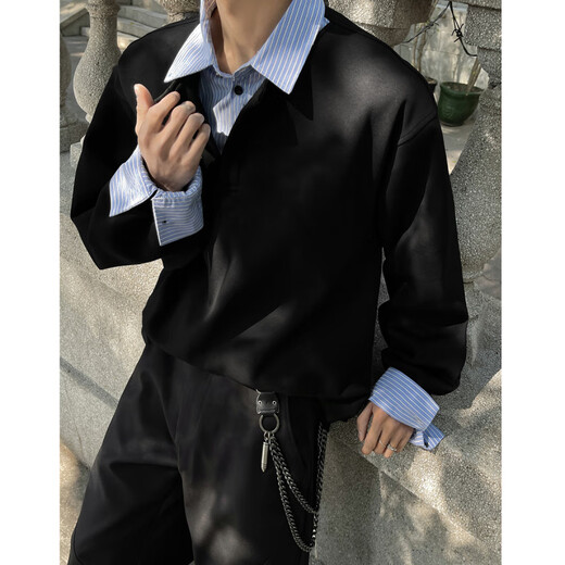 NYING假两件衬衫领卫衣男25秋季新款潮牌重磅痞帅休闲长袖t恤宽松上衣 黑色 XL （130-150斤）