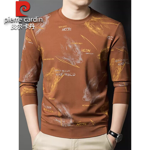 Pierre Cardin high-end pure cotton long-sleeved T-shirt men's floral sweatshirt young and middle-aged slim round neck pullover jacquard European and Korean version men's fashion 6616 red brown XL 175 recommended 138-150Jin Jin equals 0.5 kg