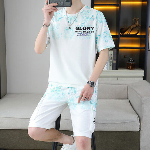 TTPMER春夏男士短袖T恤五分裤两件套韩版休闲青运动套装 蓝色 6187-套装 M