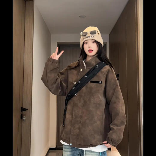 NYING American tie-dye pu leather jacket men's 25 autumn new high street fashion brand stand collar casual jacket handsome loose top gray L (130-150Jin Jin equals 0.5 kg)