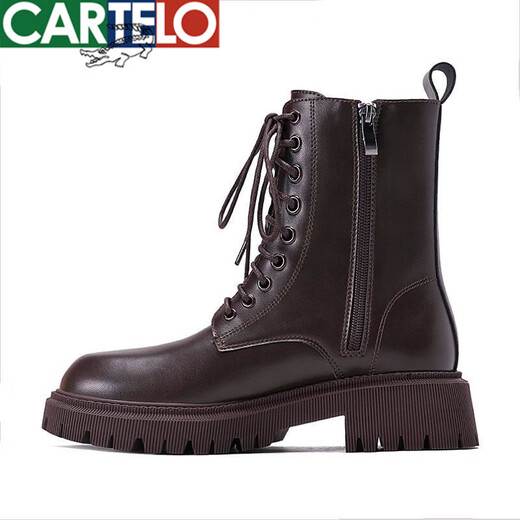 CARTELO True Soft Leather Martin Boots Women's British Style 2025 New Spring and Autumn Fleece Brown Thick-soled Short Boots Motorcycle Boots Black Single Li 37