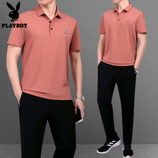 花花公子（PLAYBOY OUTDOOR）冰丝t恤男士套装夏季薄款休闲男装运动服中年短袖男父亲节爸爸装 755蓝色 2XL建议140斤---160斤T恤+裤子