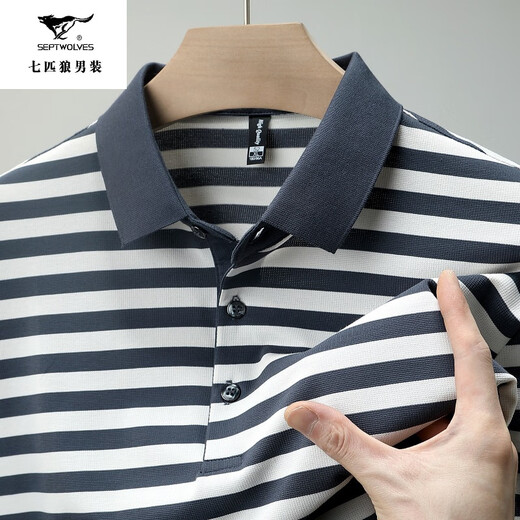 Septwolves new mulberry silk short-sleeved T-shirt men's summer middle-aged and elderly dad wear thin lapel striped top polo shirt 829 gray S 165/105