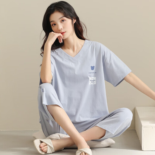 莫代尔睡衣女款夏季棉2025新款女士短袖七分裤套装夏款湛蓝家居服夏天 FJH:684蓝色英文五角星 套头短袖 M