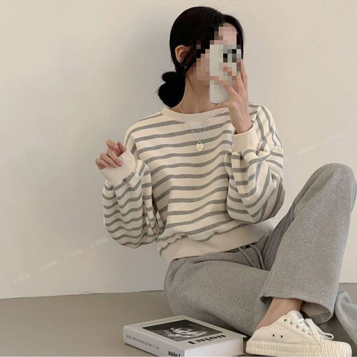 Opeodly条纹卫衣女短款2024年新款薄款韩版小众女装宽松春秋冬加绒上衣 9923卫衣 黑色 薄款 S 65-80斤