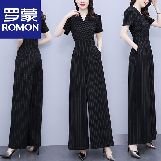 Romon Mode gestreifte Jumpsuit Set Women's Sommer 2025 Neue hohe Taille schlanke Weitbeine Temperament Jumpsuit V-Ausschnitt Schwarz M.