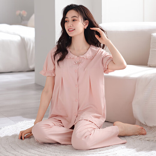 雅鹿带胸垫睡衣女夏天凉感新疆棉短袖长裤可外穿一体式防凹点家居服套 Z694米白带胸垫 M 建议80-105斤