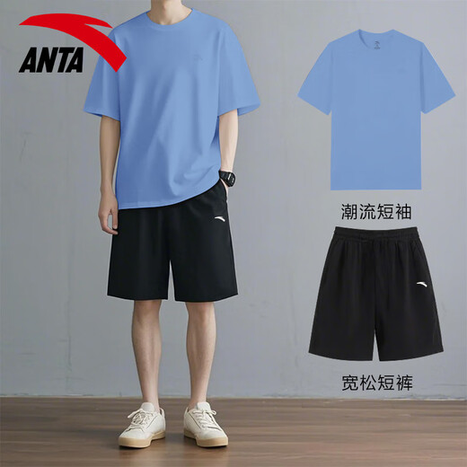 安踏休闲运动套装男夏季新款纯棉短袖T恤短裤宽松运动服青少年两件套 【套装】-1纯净白 L/175